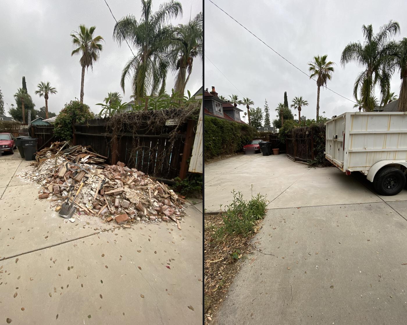 Before and after: a driveway pile of brick and debris, then the same driveway cleared