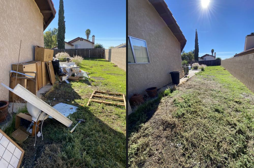 Before and after of a side yard cleared of remodel debris